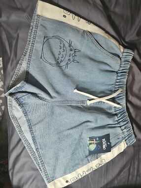 Light Wash Denim Shorts with Totoro Print On The Front
